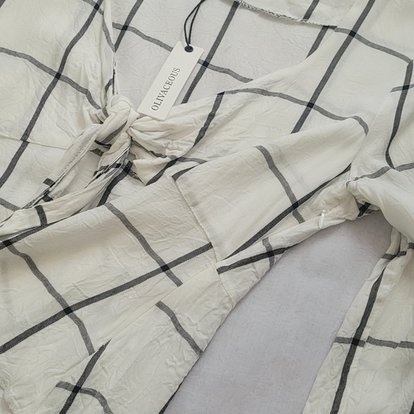 NWT! Olivaceous Plaid 100% Rayon Tie-Front Cream Women's Peasant Blouse Size M - Picture 11 of 12